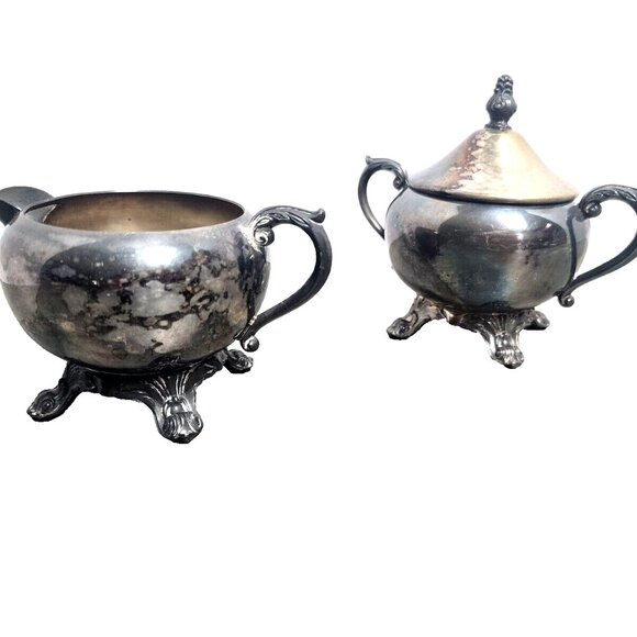 Vintage FB Rogers Silver Co Footed Sugar Bowl With Lid And Creamer Set Rare Find - Picture 3 of 14